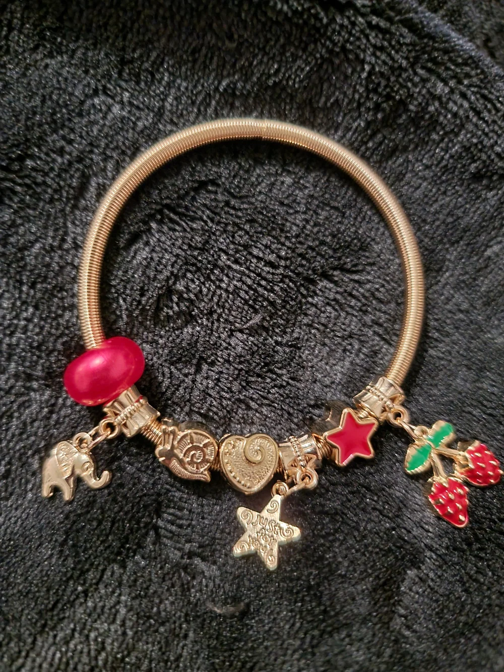 Gold Charm Bracelet with Red and Green Accents